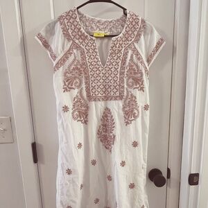 Roller Rabbit Cotton White Pink Embroidered Tunic Peasant dress 100% Cotton XS